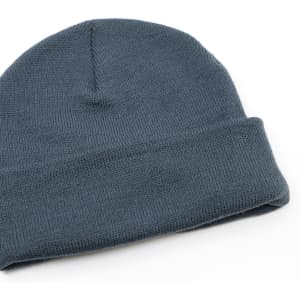 A dark blue knitted beanie with a cuffed design and a logo. Made from recycled polyester.