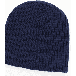 A navy blue cable knit fleece beanie with a textured pattern and a logo on it.