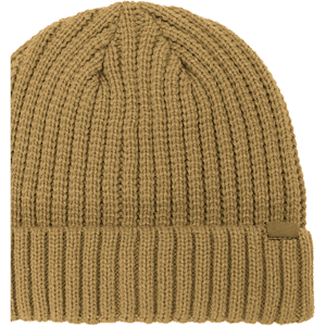 A rib knitted cuffed beanie in a warm beige colour, featuring a logo on the side.