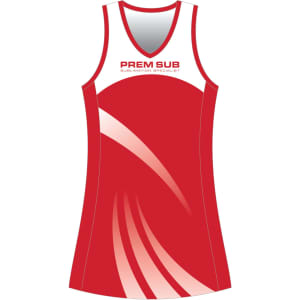 A red racerback sports dress featuring white accents and a logo at the top.