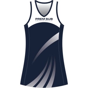 A sports dress in navy and white, featuring a sleek design with a logo on the front.