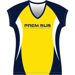 A yellow and navy hockey jersey raglan playing top featuring a logo on the front.