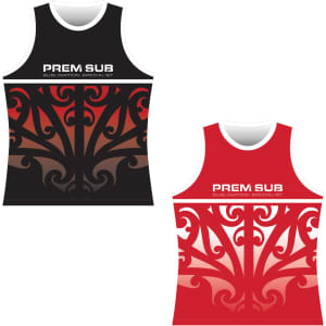 A reversible hockey singlet featuring a black design with intricate patterns on one side and a red design on the other, with a logo.