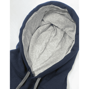 A navy hoodie with a grey inner lining and a soft, textured hood. The product features a drawstring.