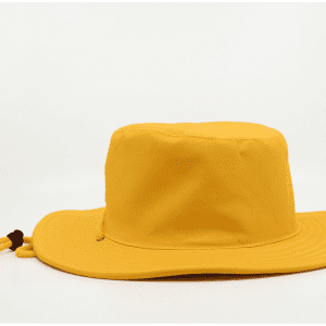 A wide-brim yellow safari hat with a drawstring, featuring a structured crown and soft fabric.