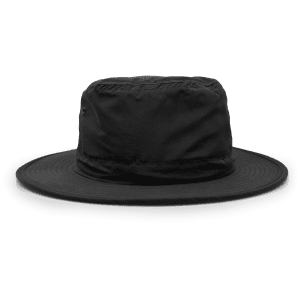 A black microfiber wide brim hat with a simple design and a logo on the side.