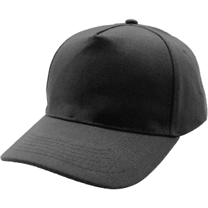 A black fade resistant 5 panel cap with a curved brim and a branded logo on the side.