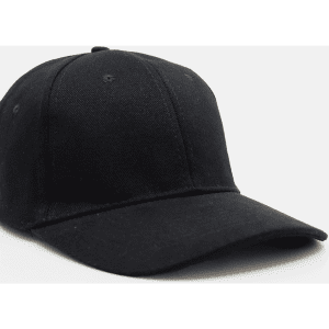 A black brushed cotton cap with a classic six-panel design and an adjustable strap at the back.