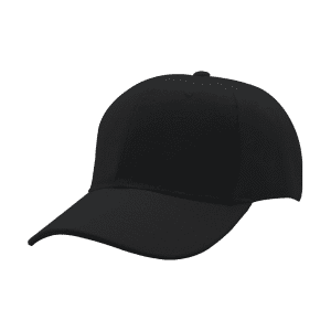 A black fade-resistant six-panel cap featuring a rounded peak and a logo on the front.