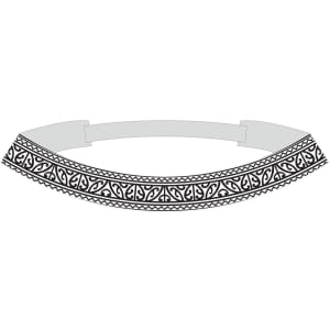 A decorative headband featuring intricate black patterns on a silver background, showcasing traditional kapa haka design.