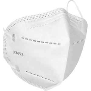 A white KN95 facemask with ear loops and a fitted design, featuring a logo on the side.