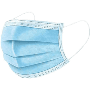 A blue disposable face mask with elastic ear loops, featuring multiple pleats for flexibility.