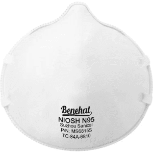 A white N95 facemask with ear loops and a logo, packaged as part of a 20 pack.