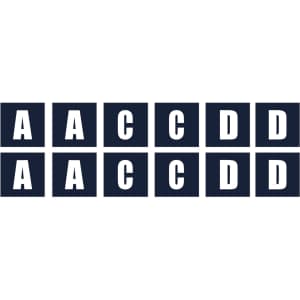 A set of navy netball bibs featuring the letters AA, CC, DD arranged in two rows.