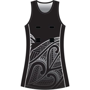 A black racerback netball dress featuring a patterned design in grey tones and includes logo branding.