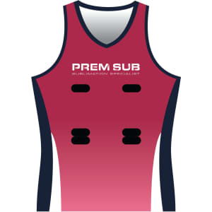 A netball singlet in a gradient of maroon and navy, featuring a logo and a sleeveless design.