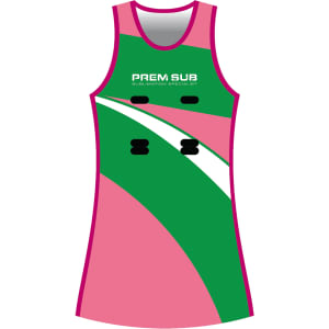 A netball dress in pink and green, featuring a sleeveless design and a logo on the front.