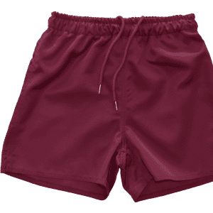 Burgundy youth rugby shorts featuring an elastic waistband and drawstring, with a logo present.