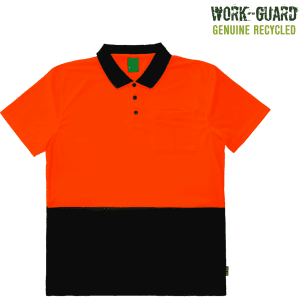 A bright orange and black polo shirt featuring a pocket and a logo. Suitable for workwear and visibility.