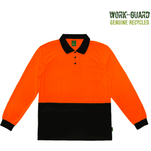 A long-sleeve polo shirt in fluorescent orange with a black bottom section. It features a chest pocket and a logo.