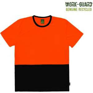 A hi-vis T-shirt featuring a bright orange upper section and a black lower section, with a logo.
