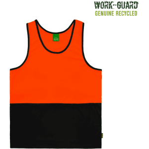 A high-visibility orange and black singlet with a logo, made from recycled materials.