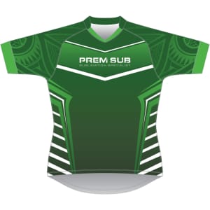 A green Rugby Blitz Slim Fit Jersey featuring a patterned design and a logo on the front.