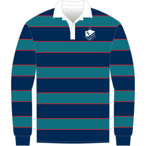A long-sleeve rugby jersey featuring navy and teal stripes with a white collar and a logo on the chest.
