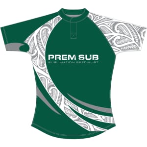 A green rugby jersey featuring patterned sleeves and a logo, designed for sports uniforms.