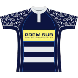 A standard fit rugby jersey featuring a navy blue design with patterned sleeves and a logo on the front.