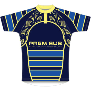 A navy and yellow rugby jersey with a tapered fit, featuring a graphic design and a logo.