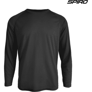 A black long-sleeve shirt with a raglan design and a logo on the upper right.