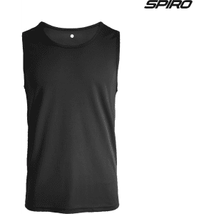A black singlet featuring a logo, designed for youth performance and comfort.