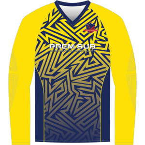 A long-sleeved football jersey in yellow and navy, featuring a geometric design and a logo.