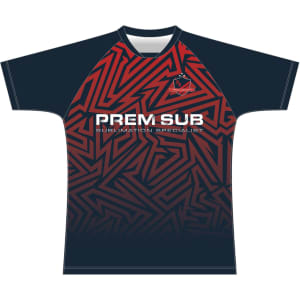 A black and red football jersey featuring an abstract pattern and a logo on the front.