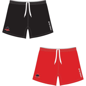 Reversible football shorts in black and red, featuring a logo on the side and a drawstring waist.