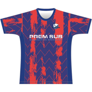 A football jersey featuring a blue and red design with a logo. The jersey has a standard sleeve cut and textured patterns.