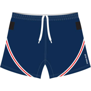Navy sports shorts featuring red and white design elements and a logo, with an adjustable drawstring waistband.