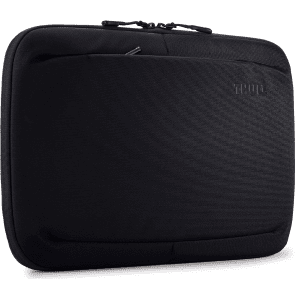 A black laptop sleeve with a zippered closure and branding on the side.