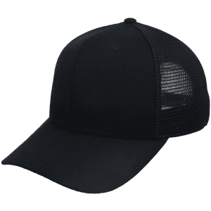 A black trucker cap featuring a solid front and mesh back, with a logo on the front.