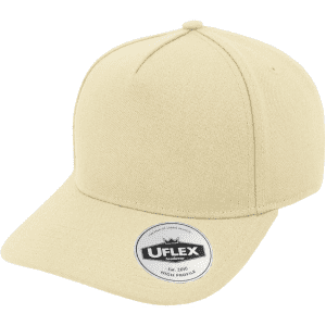 A beige five-panel snapback cap with a branded label on the front.