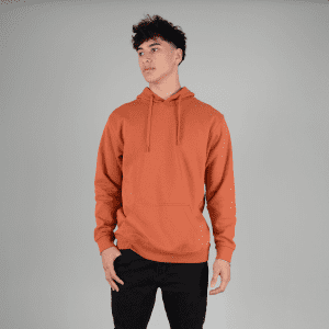 An orange hoodie with a front pocket and a hood, worn by a model against a neutral background.