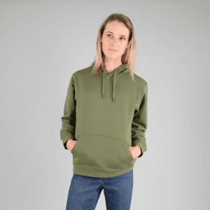 A green hoodie with a pocket and a logo, worn by a woman against a grey background.
