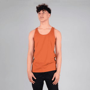 An orange adult singlet displayed on a model against a grey background. The singlet has a branding logo.