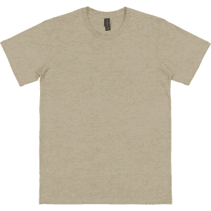 A light beige adult T-shirt with short sleeves and a logo on the label.