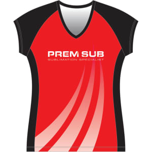 A red and black cap sleeve volleyball jersey featuring a logo and curved design elements.