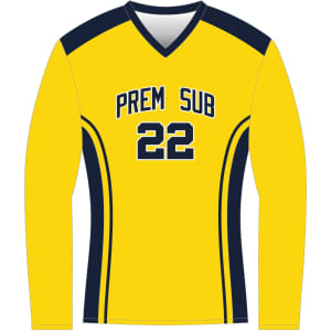 A yellow volleyball jersey with navy accents and a logo, featuring long sleeves and a V-neck design.