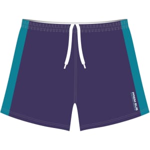 Volleyball shorts in navy blue with teal side panels and a drawstring waistband, featuring a logo.