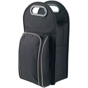 A drink bottle cooler bag in black with a zippered front pocket and dual carrying handles.