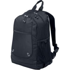 A black backpack with multiple compartments and a mesh pocket. It has a carrying handle and adjustable straps.